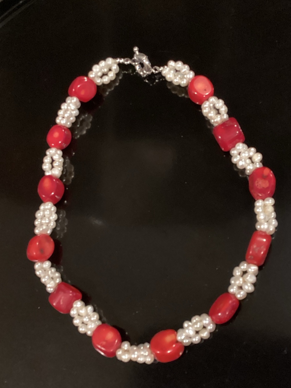 Red Coral Bead and Pearl Cluster Necklace